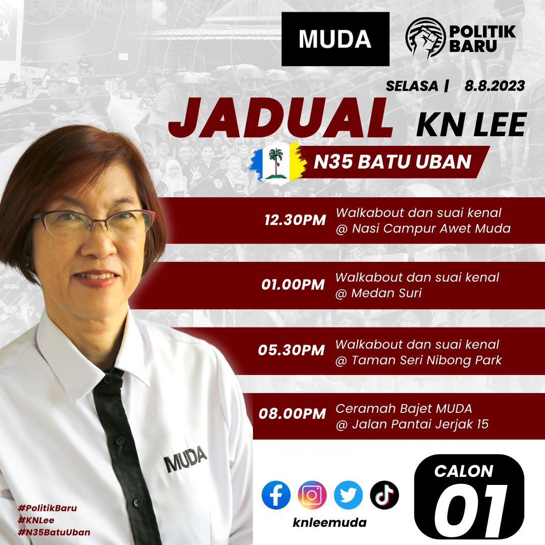 KNLeeMUDA's tweet photo. Inilah jadual saya untuk hari esok. Selasa 8/8/2023.

Kalau terserempak jangan lupa bertegur sapa!

#PolitikBaru https://t.co/jOJFic8DMj