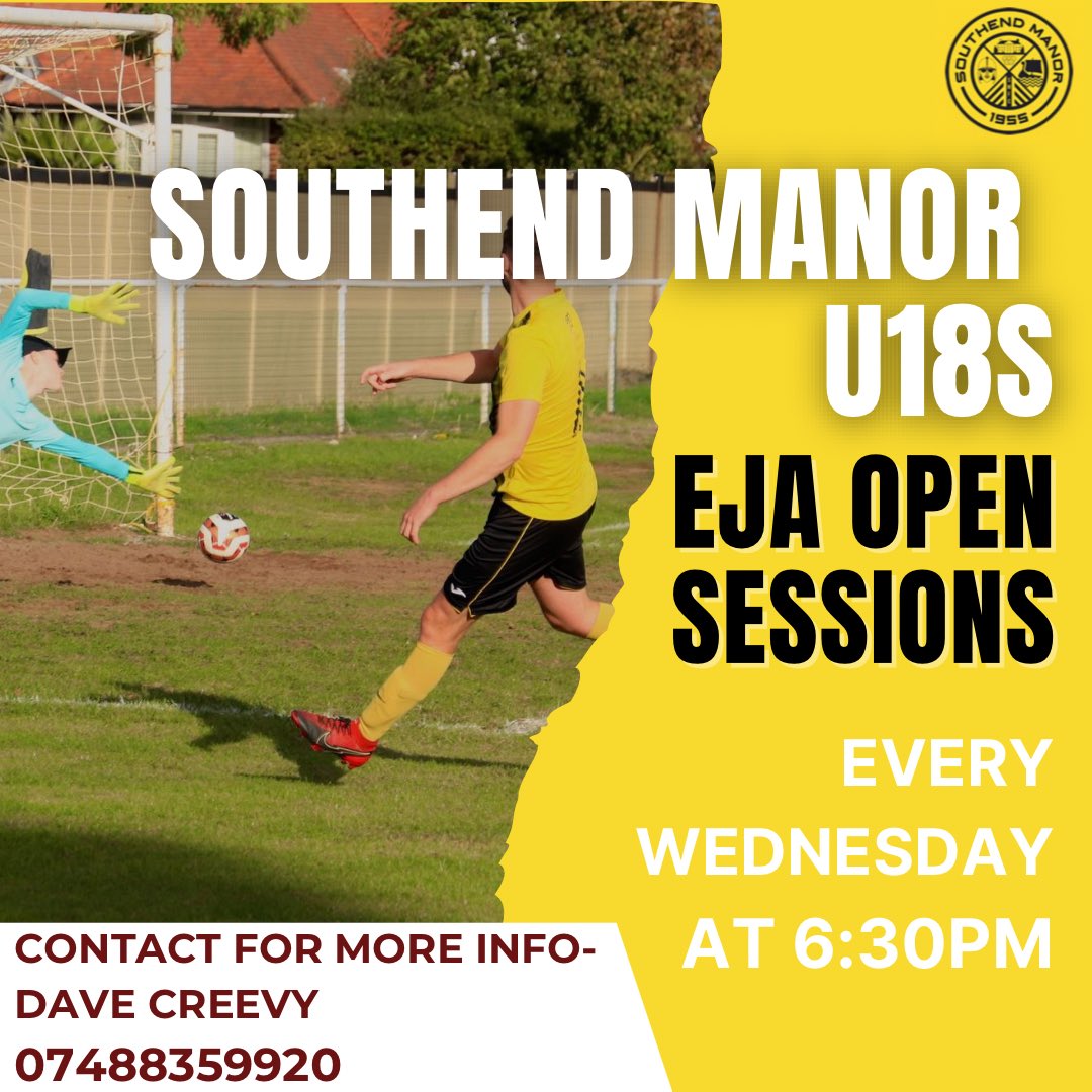 SouthendManorFC's tweet photo. We are now hosting EJA U18s open sessions every Wednesday from 6:30pm - please contact Dave Creevy for more information!
.
#u18s #southendmanor #ejaleague #onemanor #opentrials #football #exploresouthend https://t.co/IGl4febITv