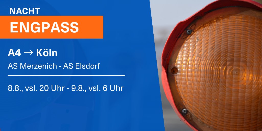 Autobahn_Rheinl's tweet photo. 🚧 Morgen Nacht (8./9.8.) von 20 bis 6 Uhr könnt ihr auf der #A4 nach Köln zwischen den Anschlussstellen #Merzenich und #Elsdorf nur eine von drei Fahrspuren befahren. 👷‍♀️ 👷‍♂️ Wir führen Arbeiten im Rahmen einer Asphaltkonservierung aus.(ld) #verkehr 🚗🚚 https://t.co/nfZmIPZoOl