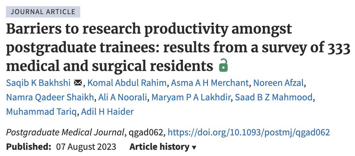This study highlights the reasons for low research productivity among medical and surgical residents. 

A national study with participants from 12 academic medical centers in Pakistan.

#MedTwitter <a href="/CUGHnews/">CUGH</a> 

academic.oup.com/pmj/advance-ar…