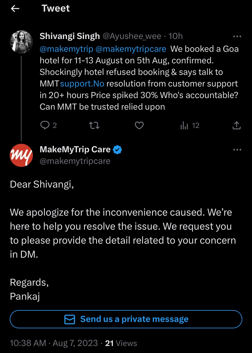 Ayushee_wee's tweet photo. @makemytripcare @Rajesh_Magow @aakashkumar Upon multiple followups &amp; multiple promises @makemytrip failed to bring a resolution. Hotel booking was denied and team was supposed to book an alternate hotel but no action even after 30+ hrs #Failedcustomerservice #badservice #MMTscam https://t.co/v7tvZOHPyt