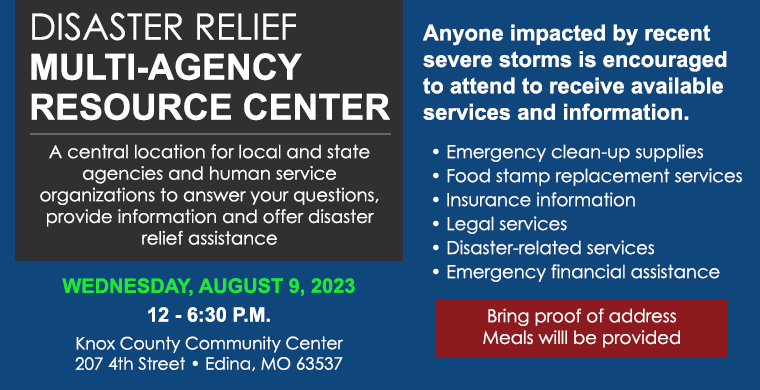 MoSEMA_'s tweet photo. Please share! 📢📢 There will be a Multi-Agency Resource Center on Wednesday, August 9 to provide disaster assistance &amp; resources for those impacted by this weekend's tornado in Knox County.  If you’ve been affected &amp; need help, please stop by! ⬇️ https://t.co/9xtWskT1ol