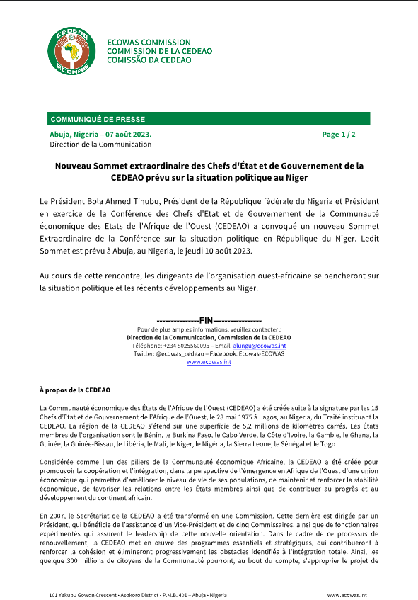 AFRICA24TV's tweet photo. Le Président du 🇳🇬#Nigeria @officialABAT, Président en exercice de la @ecowas_cedeao a convoqué un nouveau Sommet Extraordinaire de la Conférence sur la situation politique en République du 🇳🇪#Niger. Ledit Sommet est prévu à #Abuja, au Nigeria, le jeudi 10 août 2023. https://t.co/2ZNGqkALF5