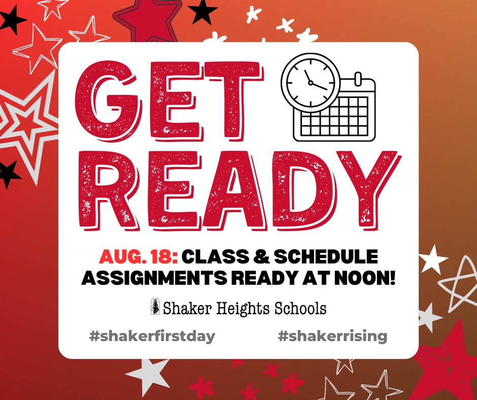 shakerschools's tweet image. We know you can't wait - it's almost time! Class assignments and schedules will be available in PowerSchool by noon on Friday, August 18! 

Need a PowerSchool account? Check out shaker.org/ParentAccess.a… for help.

#shakerfirstday #shakerrising