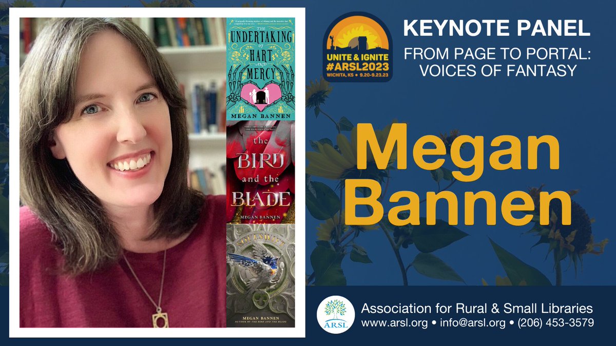RuralLibAssoc's tweet image. Another day, another #ARSL2023 keynote speaker announcement. Featuring Megan Bannen, author of THE BIRD AND THE BLADE, SOULSWIFT, and more! Megan lives in the Kansas City area with her family and more pets than is reasonable. Tune in tomorrow for our next speaker announcement!