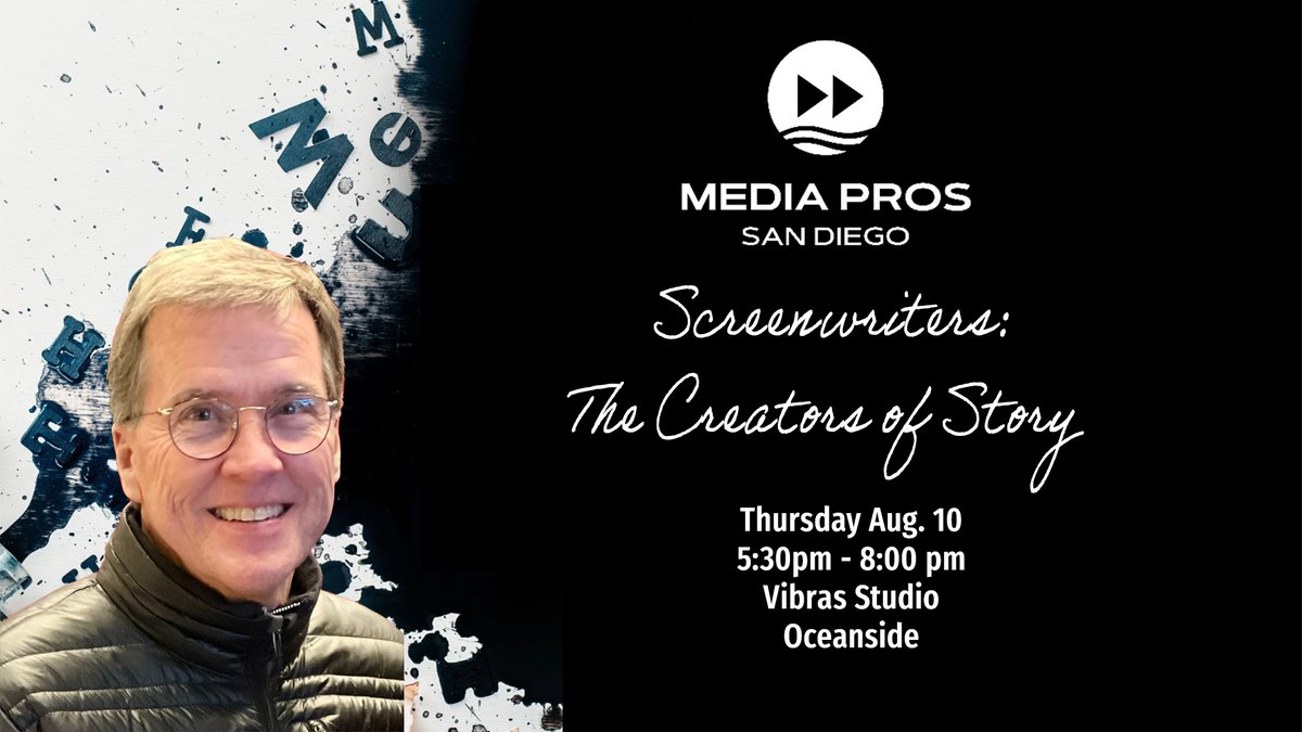 SDMediaPros's tweet photo. Award-winning screenwriter John Wierick will join San Diego Media Pros on Thursday, August 10th, from 5:30-8 pm at Vibras Studios in Oceanside to discuss what it takes to succeed as a professional screenwriter. Register at https://t.co/WJzWfiyJJZ https://t.co/6b1CrTOScJ