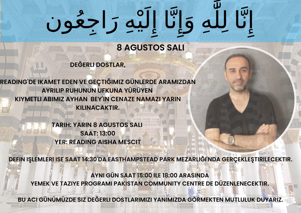 Çok sevdiğim can dostum ruhunun ufkuna yürüdü İngiltere'de olan dostlar namazına katılırsa sevinirim, gönlü dertli, kalbi iman dolu bir yiğitti. Rabbim geride kalanlara sabır versin. 😥🤲