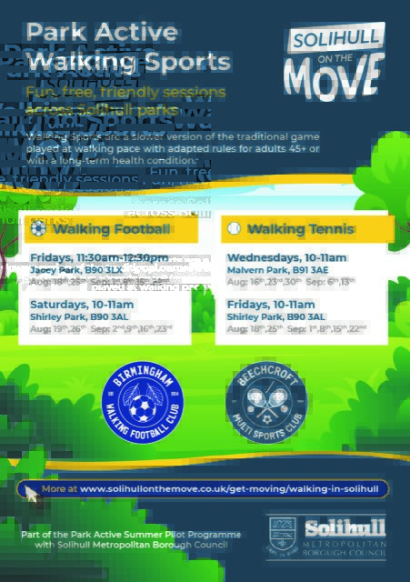 BirminghamWFC's tweet photo. FREE SESSIONS OF WALKING SPORTS TO START YOUR JOURNEY TO GETTING BACK TO SPORT.... STARTING NEXT WEEK AT A PARK NEAR YOU π
#SOGO #solihullcouncil #parkactive #walkingsports #WalkingFootball #walkingtennis #thewalkingfootballassociation #LTA #SHIRLEYPARK #JACEYPARK #MalvernPark https://t.co/hHaFQhlHMZ