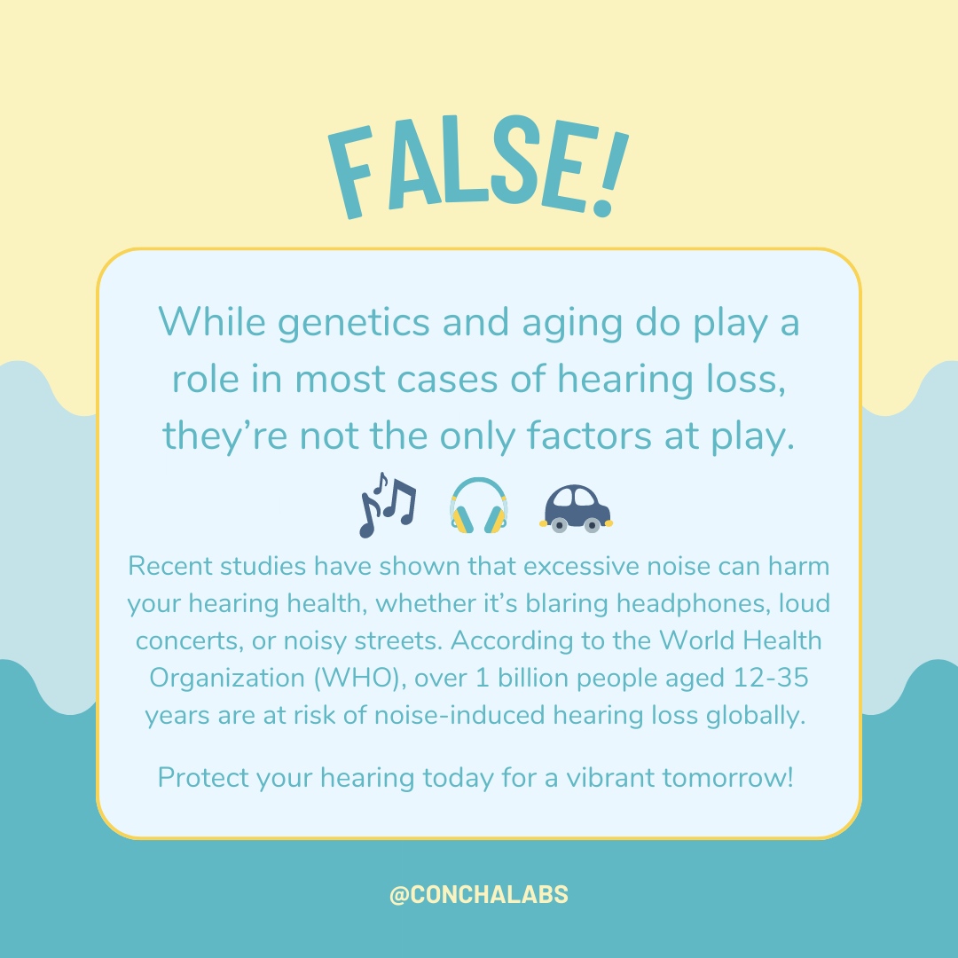 conchalabs's tweet image. Welcome to another Myth Busting Monday, where we bust some common misconceptions about hearing loss! 🦻👊

How do you protect your hearing? Tell us in the comments below! 

#ConchaLabs #NIHLAwareness #soundsafety #hearinghealth 

Source: who.int