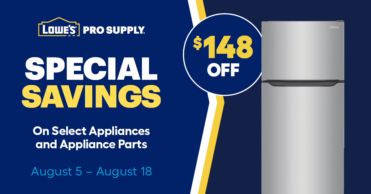 LowesProSupply's tweet image. From August 5 until August 18, get limited time special deals on select Appliances &amp;amp; Appliance parts you need to finish the job. These deals are too good to miss! Visit buff.ly/3DJzTGY to shop now.
#Appliances
#Refrigerators
#Dishwashers
#ProGradeProducts
#WeSupplyThePros