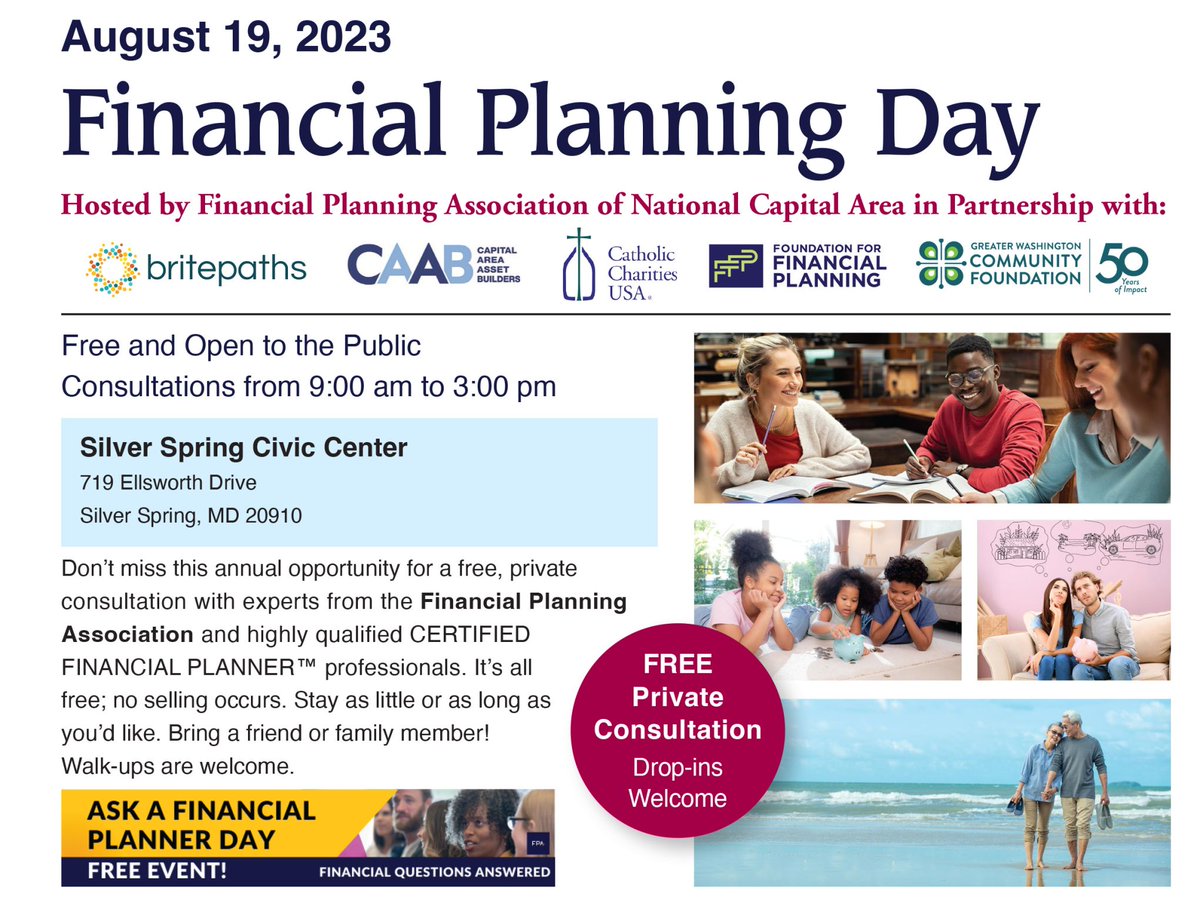 communityfndn's tweet photo. The Community Foundation is proud to sponsor "Ask a Financial Planner Day" - an event that provides members of the public access to free, private consultations with financial planning professionals - Saturday, August 19 from 9am - 3pm at the Silver Spring Civic Center! https://t.co/ZAy61bhTDD