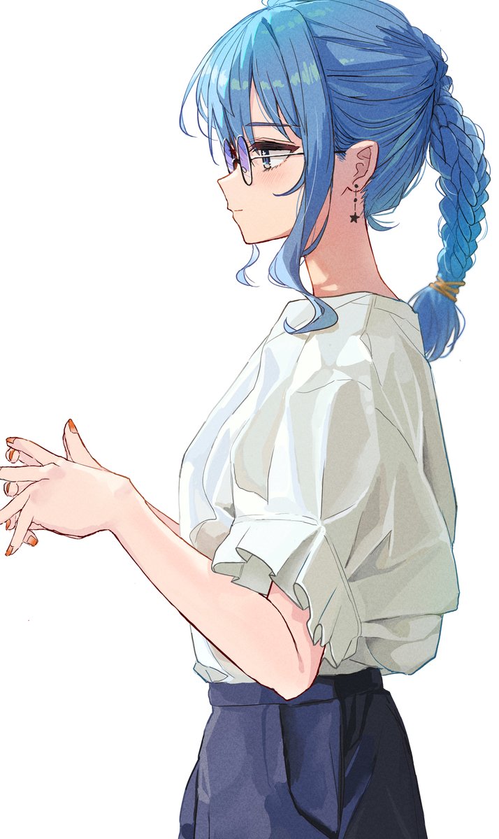 hoshimachi suisei 1girl solo braid blue hair earrings jewelry shirt  illustration images