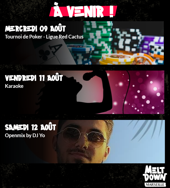 MeltdownMars's tweet photo. 📌Cette semaine au Melt'📌

➡️ Tous les jours de 17h à 20h Happy Hour sr les pintes, mojito et caïpi' !
➡️ Mer. 09/08 Tournoi de poker Red Cactus
➡️ Ven. 11/08 Karaoke du Melt
➡️ Sam. 12/08 Open Mix by DJ Yo

#drinks #bar #pub #marseille #party #happyhour #karaoke #djset #djmix https://t.co/Mdte9DM5Mi