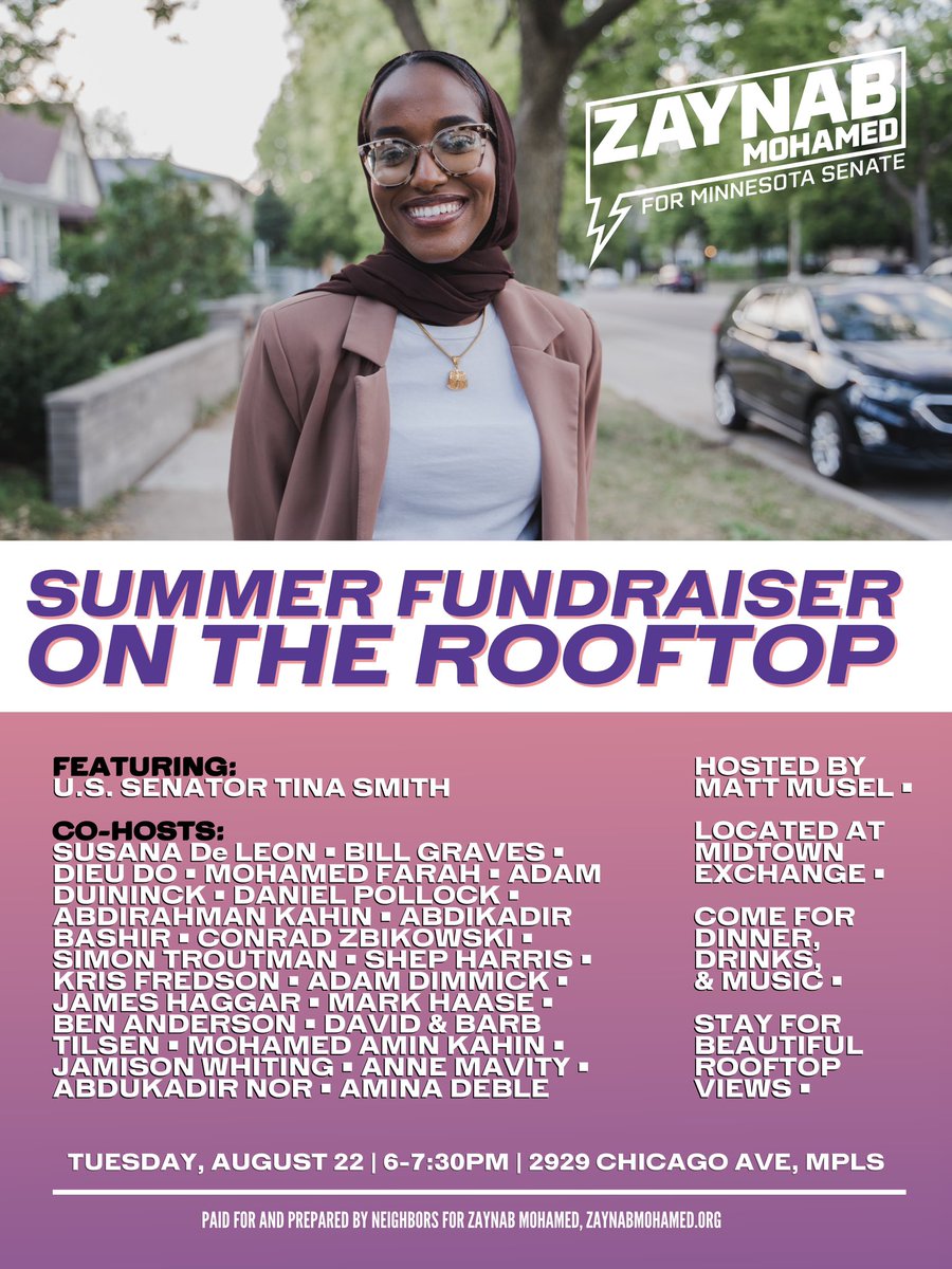 I'm excited to announce my second annual Summer Fundraiser on the Rooftop featuring this year's special guest: U.S. Senator @TinaSmithMN! Join us for dinner, music, speakers, and beautiful views at 6-7:30pm on August 22 at Midtown Exchange. secure.actblue.com/donate/raiser-…