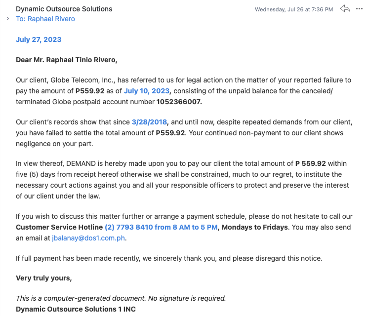 pingrivero's tweet photo. Hi @enjoyGLOBE are you legitimately affiliated with this company?  

They've been constantly emailing me about an account I closed and paid in full 6 years ago.

If you are, it's quite absurd to be pursued after 6 years. https://t.co/IeEyu9Mf4E