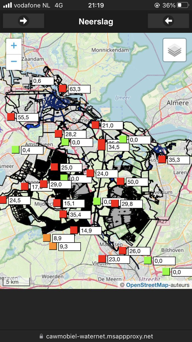 Door enorme regenval (>60 mm in A'dam in 24u: Fig 6/8 tm 21u) liepen riolen over. <a href="/waterschapagv/">Waterschap AGV</a> heeft obv eerdere metingen de ervaring dat water 3 etmalen (madiwo) nodig heeft om te herstellen. Gemeente gaat over openbare orde en communiceert dit, zie: at5.nl/artikelen/2218…