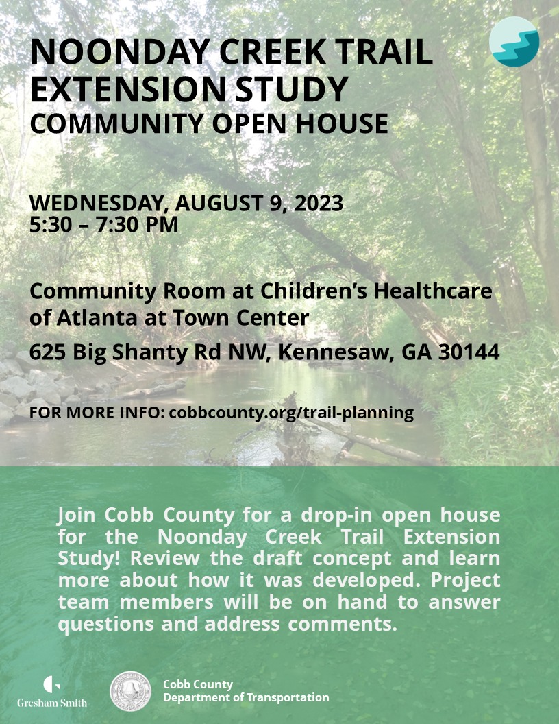 cobbcounty's tweet image. What&apos;s being planned for the Noonday Creek Trail? 
Find out this week.
Cobb County DOT open house about the Noonday Creek Trail Extension study Aug 9 5:30 - 7:30 pm.

Study info: bit.ly/3OoXCSP

#cobbcounty #cobbPARKS #cobbDOT