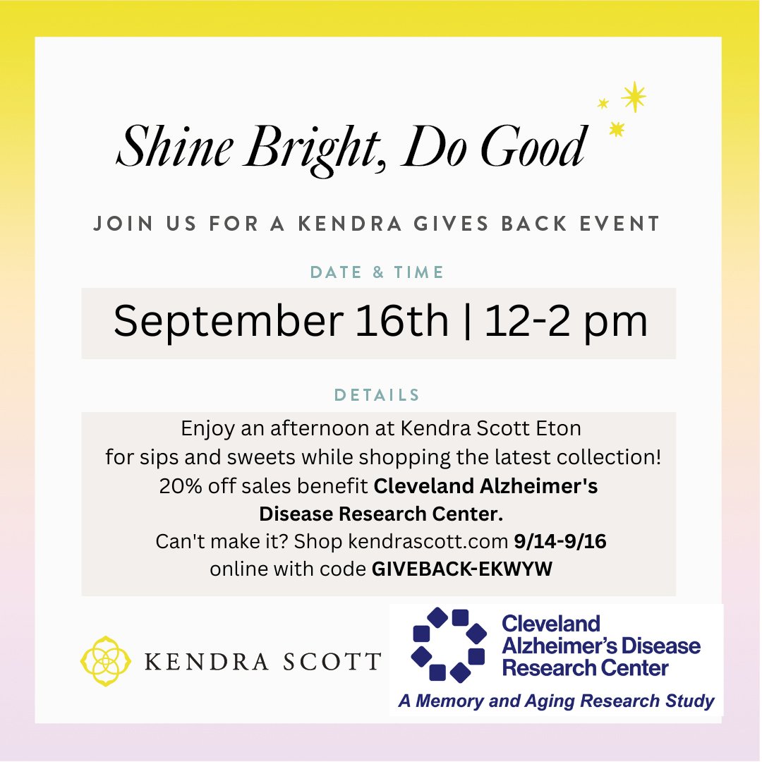 Shine Bright, Do Good. Join us for a Kindra give back event September 16, 2023 12-2pm. 20% of sales benefit the CADRC. #Cleveland #clevelandclinic #UniversityHospitals #cadrc #Alzheimer @AlzCleveland #uhclinicalresearch #ClevelandGuardians #clevelandcaveliers #clevelandbrowns