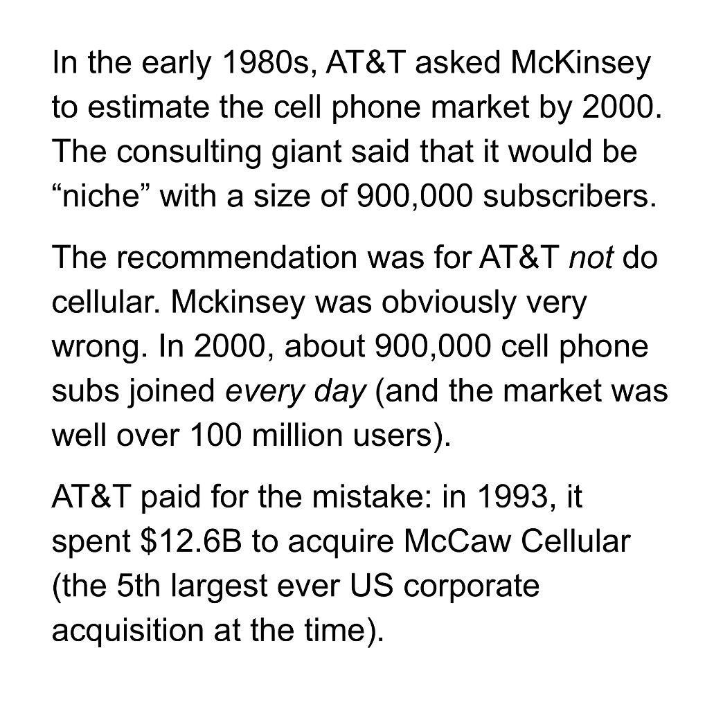 McKinsey telling AT&T that cell phones would be a “niche” market probably cost the company over $12B.