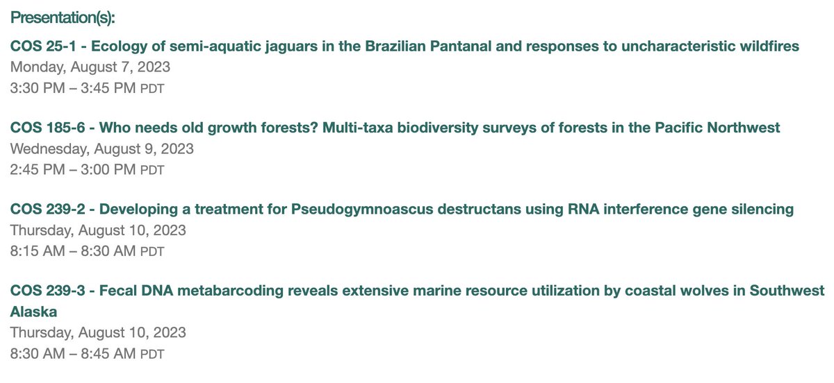 I'm just back from travels and hanging with my daughter, so not sure exactly when I'll make it up to #ESA2023. But folks may be interested in some talks from our lab starting today with <a href="/ceeriksson7/">Charlotte Eriksson</a> talking about aquatic jaguars and their response to the 2020 Pantanal megafires