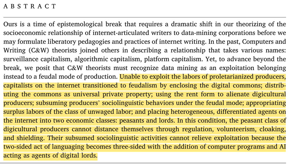 mettalrose's tweet photo. In the latest of issue of Computers &amp; Composition (ed. @DuqLibArtsDean), Stan Harrison and Richard Van Dyke theorise the current moment of data mining practices in AI &amp; LLM as "digital feudalism". Important reading for digital writing researchers. #LLM #AI #DigitalFeudalism https://t.co/KU3wmREO6J