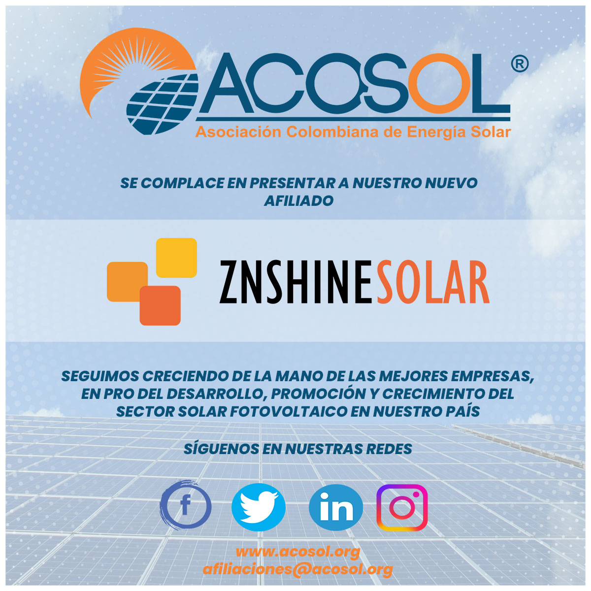 ACOSOL da la bienvenida a nuestra nueva empresa afiliada #ZNShine Solar, importante empresa proveedora y fabricantes de módulos solares, con gran experiencia en la industria fotovoltaica mundial.

Bienvenidos.

#ACOSOL #ACOSOLCOLOMBIA #ZNSHINE #SOLAR #networking