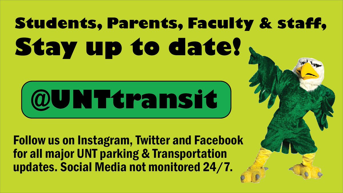 A reminder that this is the official UNT Parking and Transportation Twitter/X page. We post announcements, reminders, and events regularly so don't forget to keep up with us on all of our social media channels! @UNTtransit #GMG