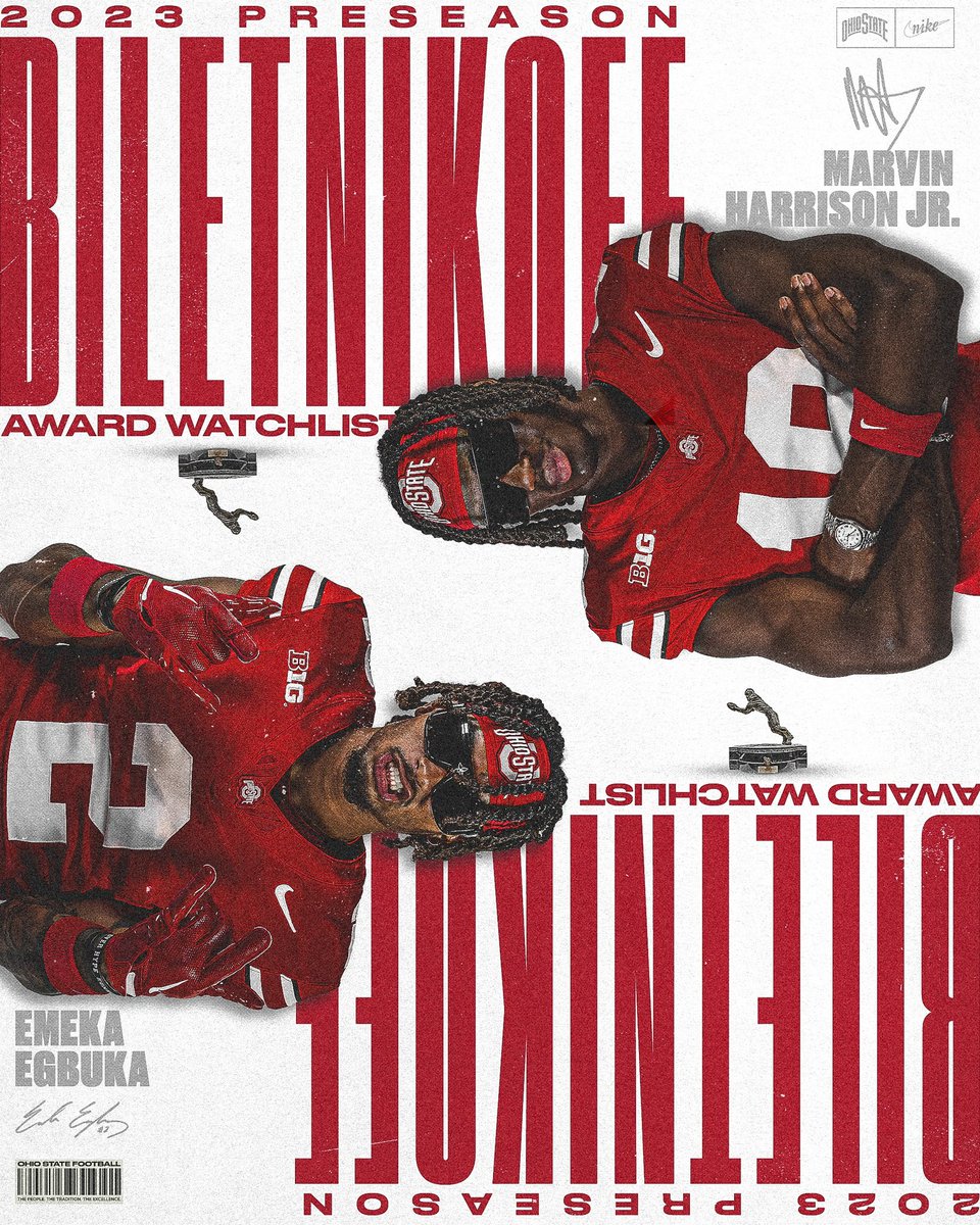 OhioStateFB's tweet photo. 𝐓𝐡𝐞 𝐁𝐢𝐥𝐞𝐭𝐧𝐢𝐤𝐨𝐟𝐟 𝐀𝐰𝐚𝐫𝐝 Preseason Watch List 𝐱𝟐 | Presented to the Most Outstanding Receiver
      
@MarvHarrisonJr x @emeka_egbuka https://t.co/KLXUV8Rec5
