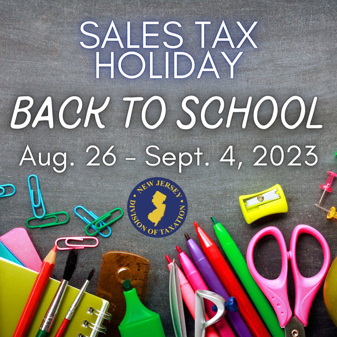nj_taxation's tweet photo. Save on NJ sales tax when you shop certain supplies during the sales tax holiday. For a list of eligible items, visit https://t.co/xC3zoFQtxk https://t.co/196zhNYk5O