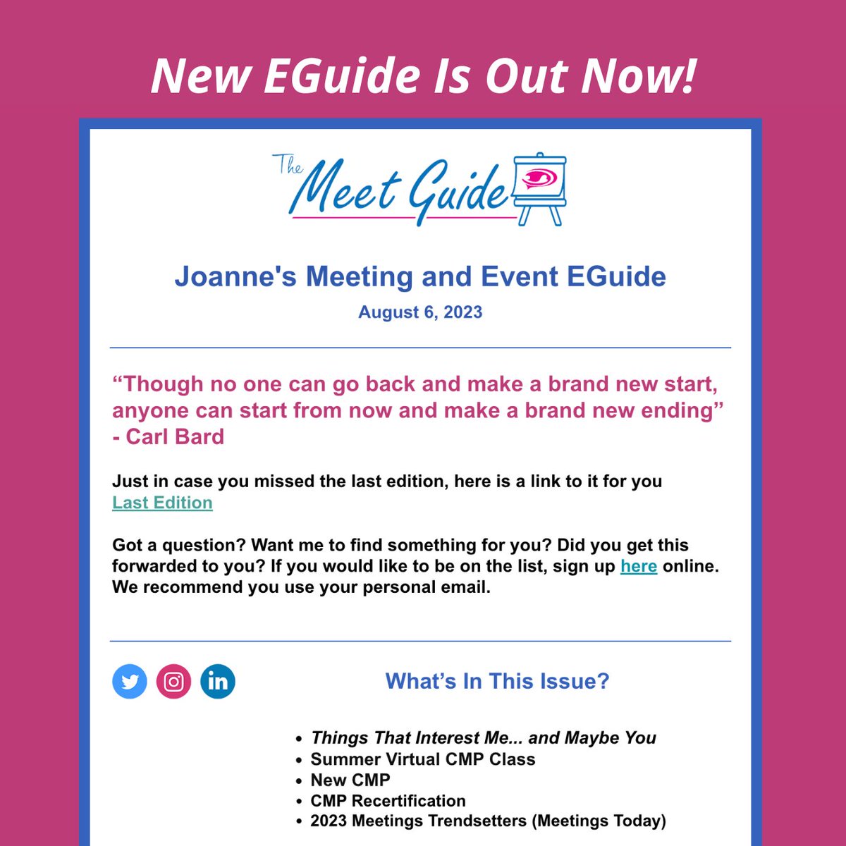 A new edition of my Meeting and Event EGuide is out! Check your inbox or click the link to view it now: conta.cc/3Ot9WQX

Want to join our mailing list? Sign up here: ow.ly/yKIb50NyX82

#themeetguide #cmp #meetingsandevents #meetingprofs #eventprofs #miceindustry