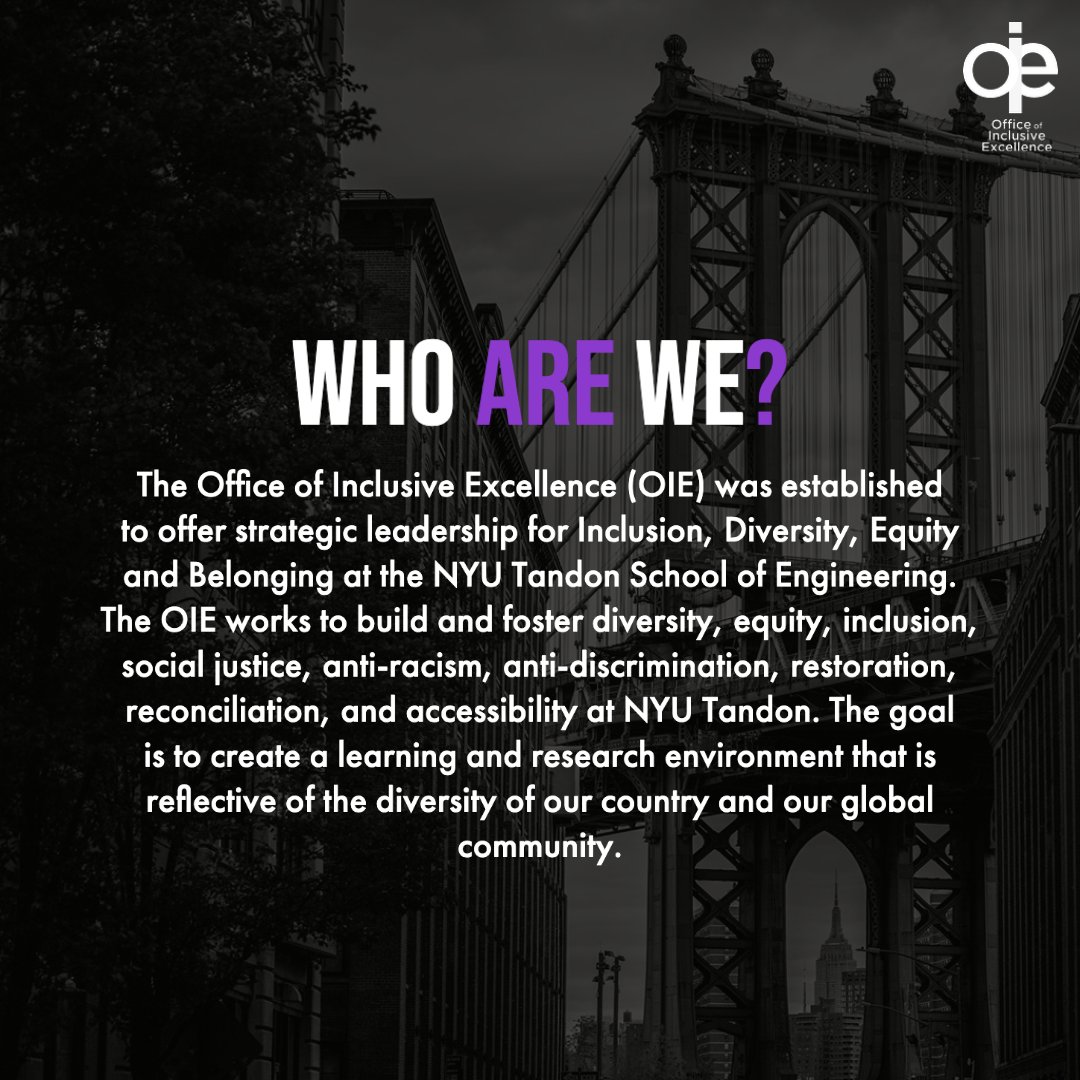 InclusionTando1's tweet photo. Who are we?

The Office of Inclusive Excellence (OIE) was established to offer strategic leadership for Inclusion, Diversity, Equity and Belonging at the NYU Tandon School of Engineering. https://t.co/TMq9bGWopQ