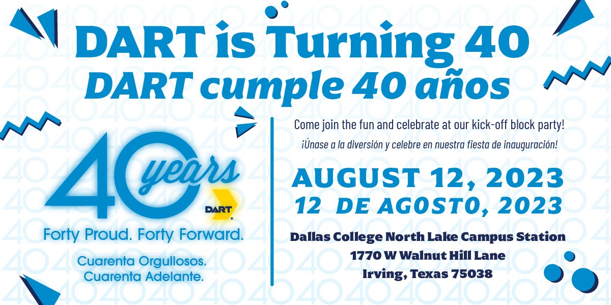 dartmedia's tweet photo. Celebrate DART's 40th Anniversary at DARTโs kickoff block party on Saturday, August 12, from 10 a.m. - 2 p.m. at Dallas College North Lake Campus Station in Irving. Enjoy live entertainment, food trucks, vendor booths, and much more!
More info: https://t.co/ucbm2GBzAs
#DART40th https://t.co/M8p5vuVUf5