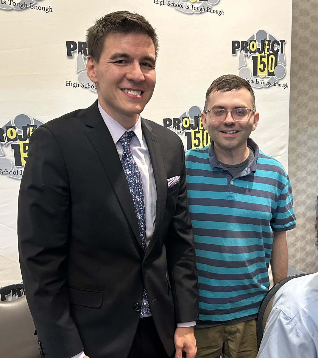 AmericaJR's tweet photo. I met Jeopardy! winners James Holzhauer, Brad Rutter & Amy Schneider at “Titan Throwdown 2” benefitting Project 150 in Las Vegas! #project150 #titanthrowdown2 #lasvegas #jamesholzhauer #bradrutter #amyschneider #jeopardy https://t.co/9gwYKEd5US