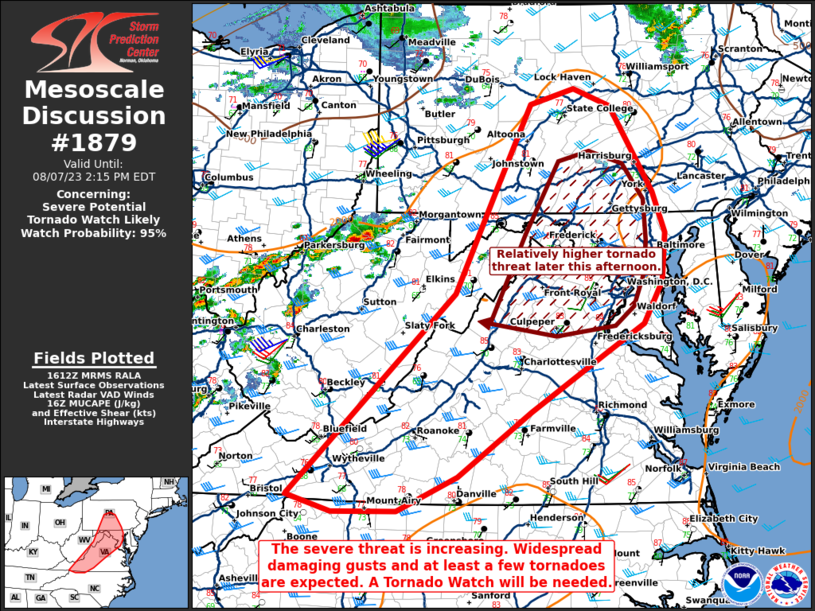 MikeMasco's tweet photo. TORNADO WATCH COMING SOON.. 95% CHANCE OF ISSUANCE..
SPC just released a special statement noting the increasing threat for severe storms. Special attention given to #Frederick #FrontRoyal #Baltimore #DC #York #Gettysburg #Culpepper as there remains a higher threat level for #Tornadoes .. No changes to my going forecast as this is the area that remains concerning for damaging storms.
Something different with these storms this go around is the potential for large and destructive #Hail given the dry air aloft (15,000 + feet).
