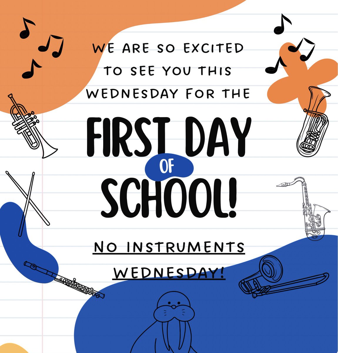 2 days until school starts and we cannot WAIT to see y’all! Returning band members do NOT need to bring their instruments Wednesday🎶🎺