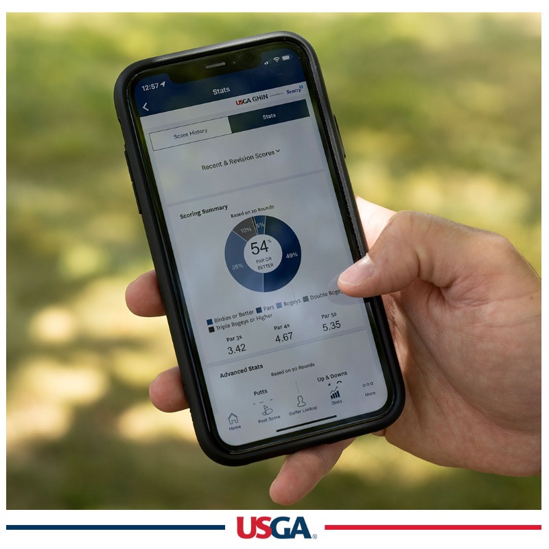 USGA's tweet photo. How many putts do you average per round? Are you hitting greens in regulation? What’s your driving accuracy? 

We’ve got you covered on all that and more with the GHIN App presented by @SentryInsurance.

Download today and start taking your game to the next level 👇