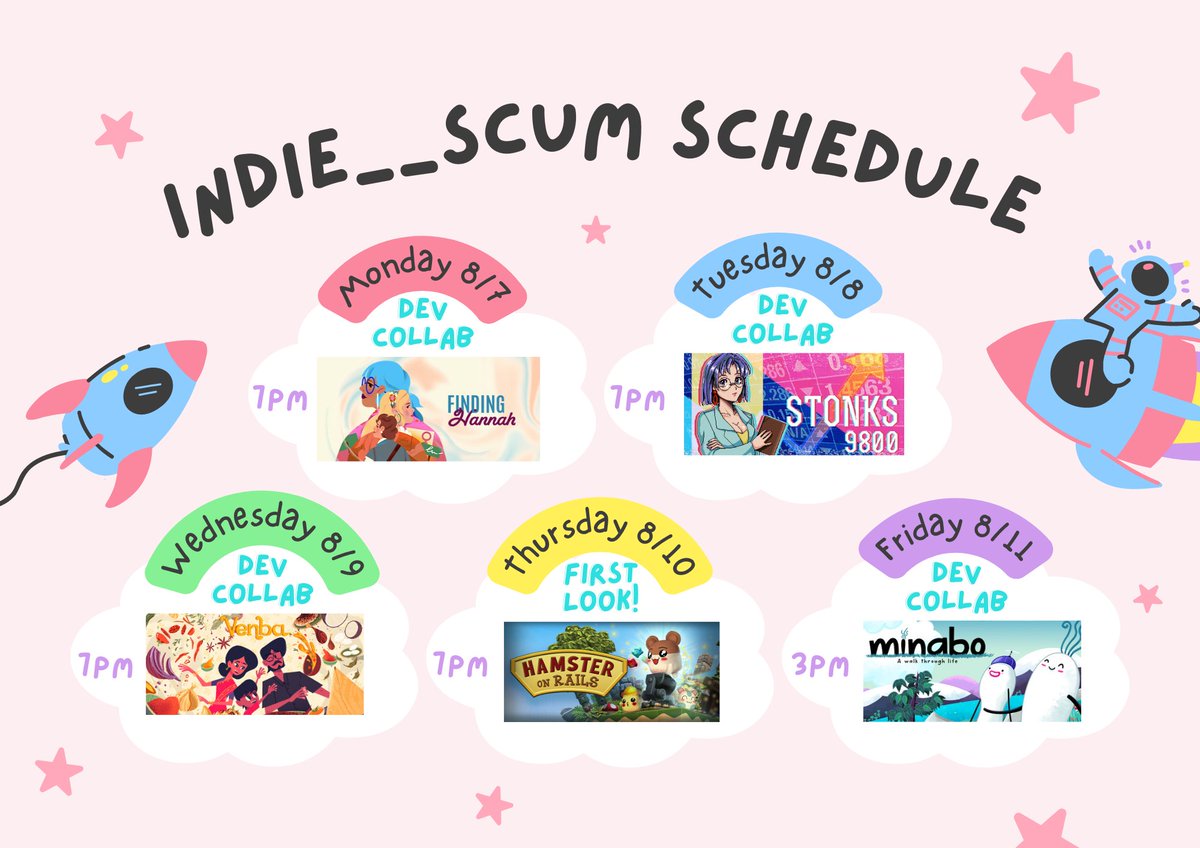 indie__scum 🔜 PAX East (@indie__scum) on Twitter photo ♡ Stream Schedule (EST) ♡
♡ M 8/7 Finding Hannah by <a href="/wearefein/">Fein Games ✨ Finding Hannah is OUT NOW!</a>
♡ T 8/8 STONKS-9800 by <a href="/Taimumari/">Ternox Games 🇺🇦 【STONKS-9800】OUT NOW!</a>
♡ W 8/9 <a href="/venbaGame/">Venba | Available now!!</a>
♡ TH 8/10 Hamster on Rails by <a href="/VirtualArtsStd/">Virtual Arts Studio</a> & <a href="/DXGameworks/">DX Gameworks</a>
♡ FRI 8/11 Minabo by <a href="/devilishgames/">DevilishGames - Wishlist Bambas! on Steam</a>
#devcollab #indiegame #indiedev #wholesomegames ♡ Stream Schedule (EST) ♡
♡ M 8/7 Finding Hannah by <a href="/wearefein/">Fein Games ✨ Finding Hannah is OUT NOW!</a>
♡ T 8/8 STONKS-9800 by <a href="/Taimumari/">Ternox Games 🇺🇦 【STONKS-9800】OUT NOW!</a>
♡ W 8/9 <a href="/venbaGame/">Venba | Available now!!</a>
♡ TH 8/10 Hamster on Rails by <a href="/VirtualArtsStd/">Virtual Arts Studio</a> & <a href="/DXGameworks/">DX Gameworks</a>
♡ FRI 8/11 Minabo by <a href="/devilishgames/">DevilishGames - Wishlist Bambas! on Steam</a>
#devcollab #indiegame #indiedev #wholesomegames