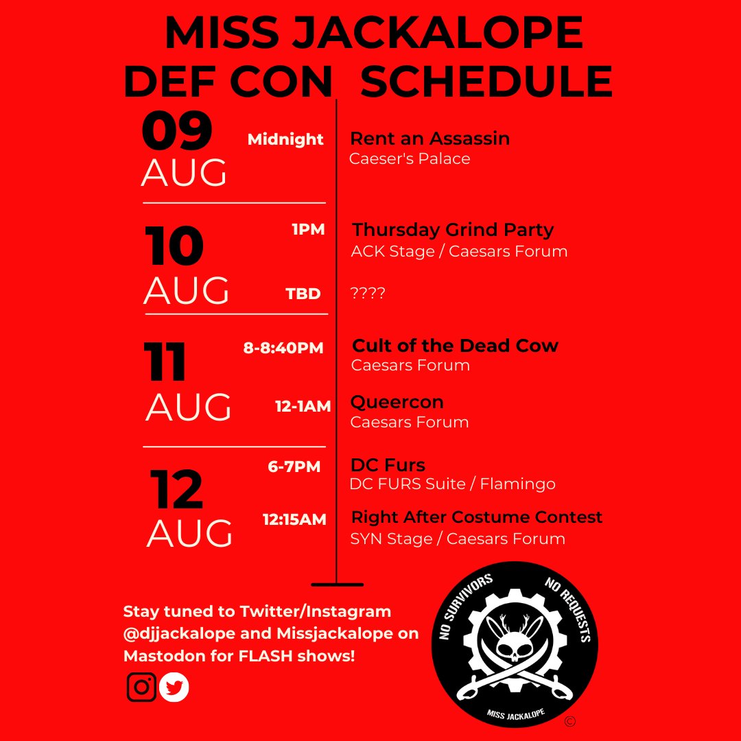 djjackalope's tweet photo. Now with updates!
Rent an Assassin party might be streamed on https://t.co/Kb9POxIzpc and the 12:15AM #DEFCON show will be streamed on https://t.co/SkbFDTwzwB from the SYN stage.
#dc31 #jackalopearmy #defcon31 #dcib #dcparrot https://t.co/MDFjQI4p8F