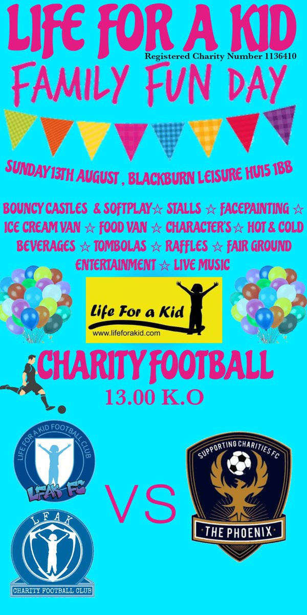 Our next Charity Match 📣 Sunday 13th August In support of @lifeforakid ⚽️ Vs LFAK FC 📍 Blackburn Leisure, Brough, Hull, HU15 1BB ⌚️ 1pm KO & 2.10pm KO (2 x 60 min matches) Featuring stars ⭐️ Emmerdales @JayKontzle Actor / Comedian @JamesCHBayes more TBC