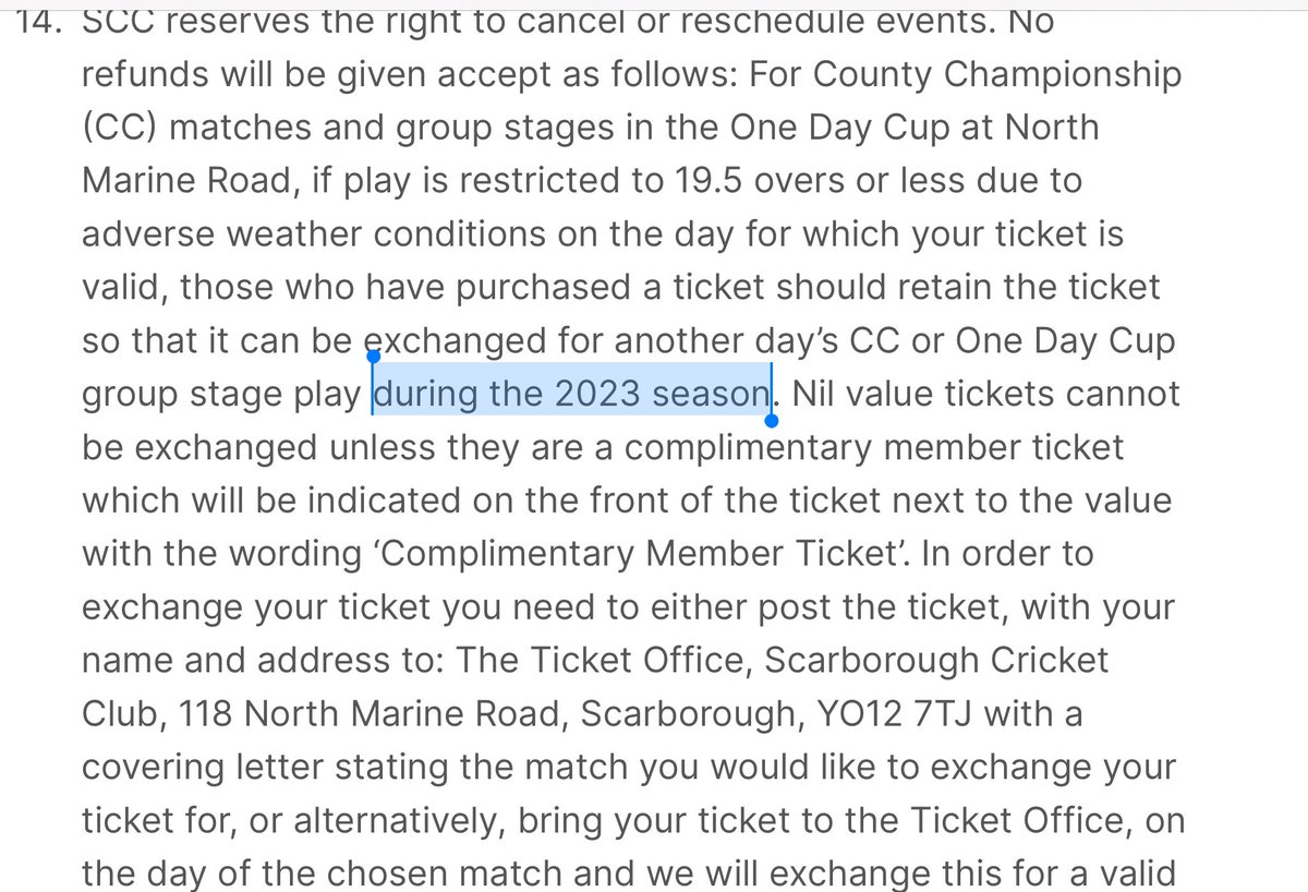 NYorksPhil's tweet photo. @YorkshireCCC Also, who’s correct? You’re saying tickets will be valid for matches in the 2024 season. @ScarboroCricket terms say it’s only for 2023. You say they can be used at the turnstiles, @ScarboroCricket say they need to be posted to them or exchanged at the ticket office. https://t.co/qeJMxdD9g1