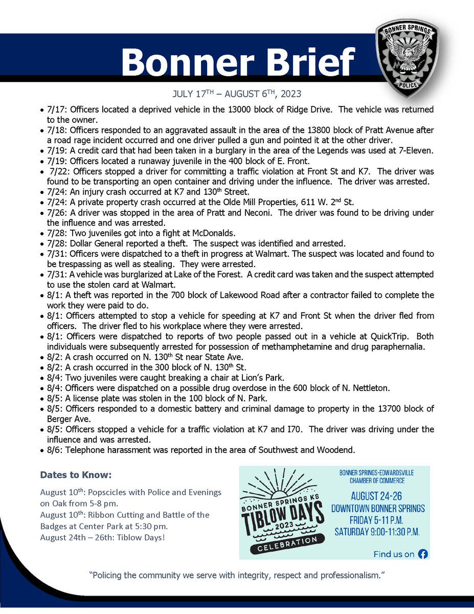 BonnerSpringsPD's tweet photo. Here's the latest Bonner Brief.  Be sure to mark those calendars for Thursday so you don't miss us at our second Popsicles with Police at the Evenings on Oak from 5-8pm! https://t.co/keqmOyXB65