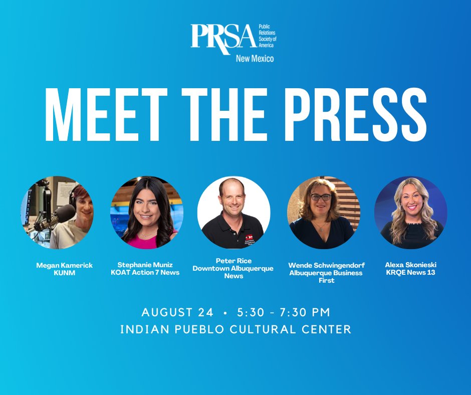 You're invited to Meet the Press! This month's #NMPRSA event provides an excellent opportunity for you to get to know the reporters who are covering your stories and those who may be interested in covering your organization. Join us on 8/24. nmprsa.org/meetinginfo.ph…