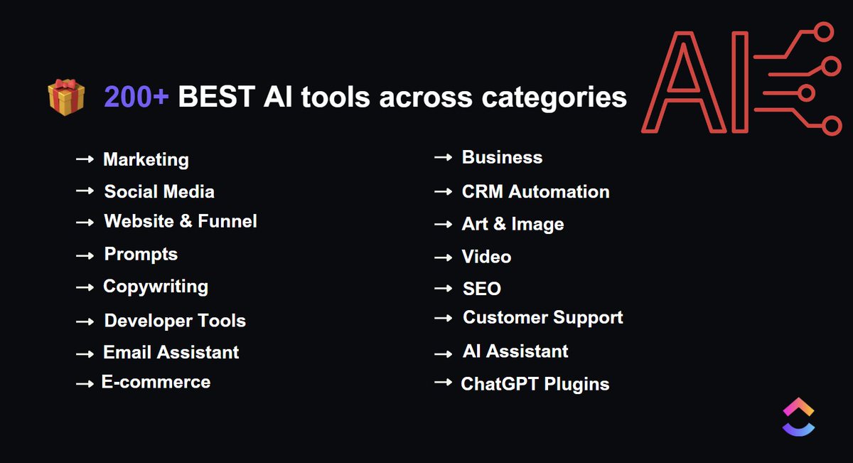 There are 10000+ AI Tools that will overwhelm you.

I have prepared a curated list of 200+ Best AI Tools divided into their categories.

It took me 2 hours to create it. 

1. Follow me (so I can DM you)
2. RT this tweet
3. Reply "AI"