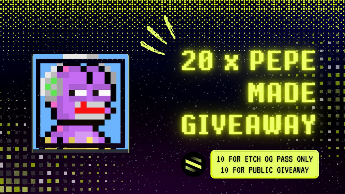 Hey Etch fam! We've brought you some gifts!
🎁 #EtchGiveaway 20 x Pepemade🎁

To join⬇️
1. Follow <a href="/EthscribedPepeM/">PepeMade</a> + <a href="/EtchMarket/">Etch Market (🟡,🟡)</a> 
2. RT + Tag
3. Comment with your address.

- 10 for Etch OG PASS holders ONLY; 10 for public giveaway

- OG Snapshot will be happening on Aug 10th🕵️‍♂️