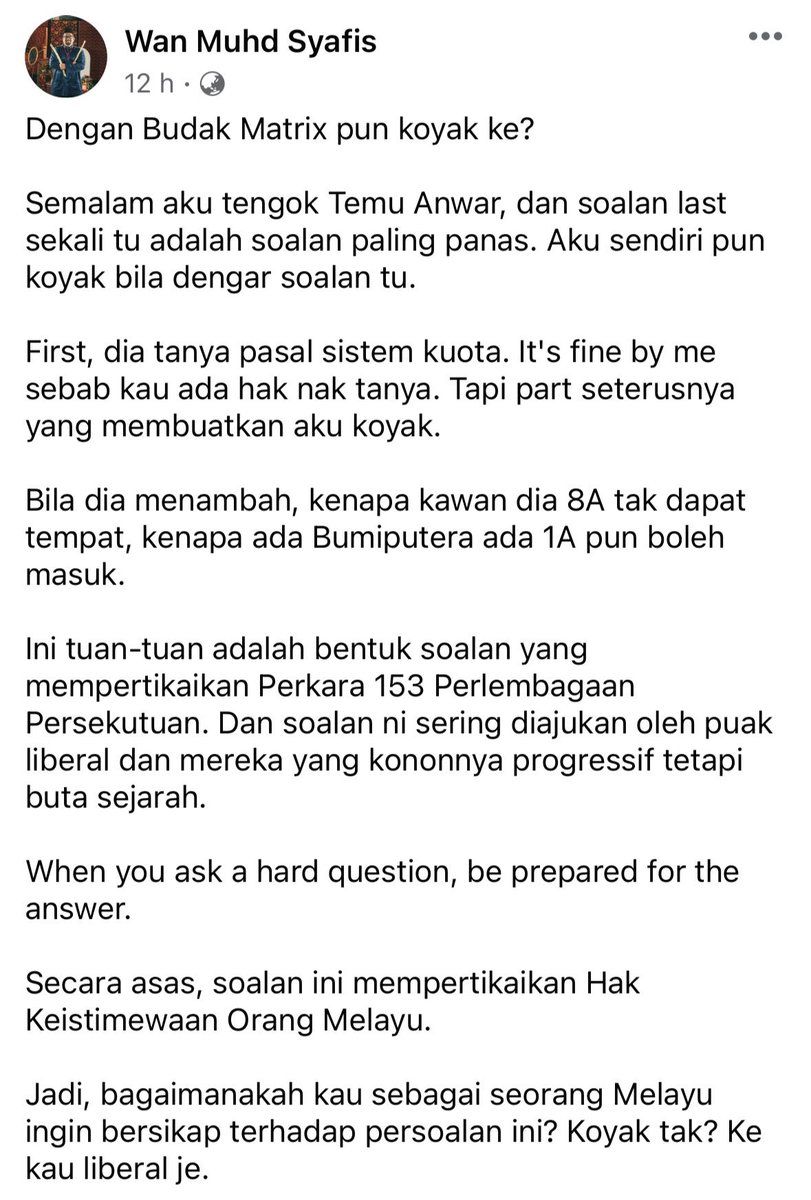_AmranFans's tweet photo. Bila meletup isu PMX koyak dengan remaja india berusia 18 tahun ni baru la kita nampak dengan jelas rupa-rupanya PAS dan PPBM hanya memperalatkan hak-hak bumiputera untuk menarik sokongan orang Melayu Islam.

Hakikatnya bila hak-hak bumiputera dipersoalkan, didepan khalayak ramai, tak ada sikit pun rasa tercabar dalam hati pemimpin dan macai PN, siap dia back up budak tu lagi ada lah.

Ni ke gabungan parti yang kau kata akan jaga hak-hak orang Melayu tu? Amran rasa tak.