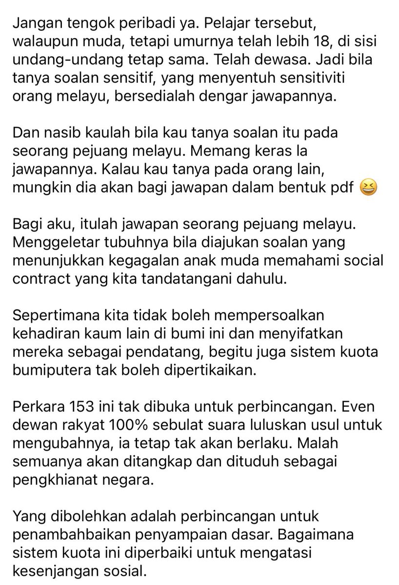 _AmranFans's tweet photo. Bila meletup isu PMX koyak dengan remaja india berusia 18 tahun ni baru la kita nampak dengan jelas rupa-rupanya PAS dan PPBM hanya memperalatkan hak-hak bumiputera untuk menarik sokongan orang Melayu Islam.

Hakikatnya bila hak-hak bumiputera dipersoalkan, didepan khalayak ramai, tak ada sikit pun rasa tercabar dalam hati pemimpin dan macai PN, siap dia back up budak tu lagi ada lah.

Ni ke gabungan parti yang kau kata akan jaga hak-hak orang Melayu tu? Amran rasa tak.