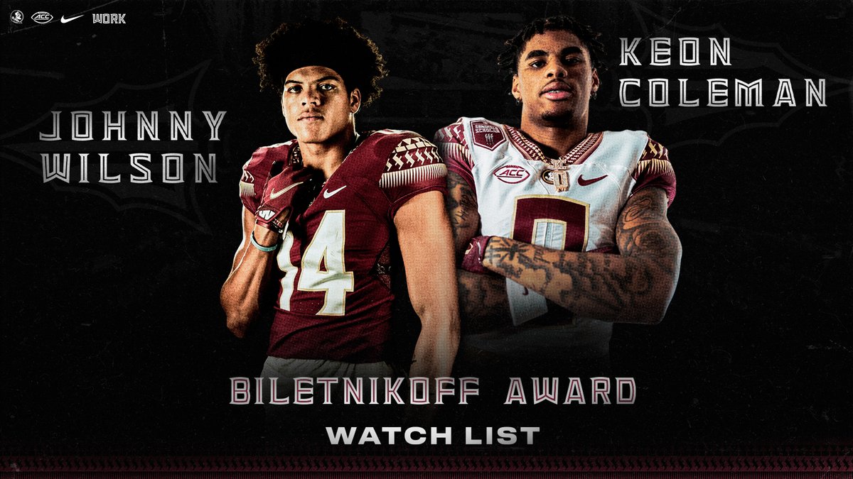 Only 1 watch list today, but still 2 more Noles recognized! Johnny and Keon are on the Biletnikoff Award Watch List 🔗: noles.co/23BiletnikoffW… #NoleFamily | #KeepCLIMBing