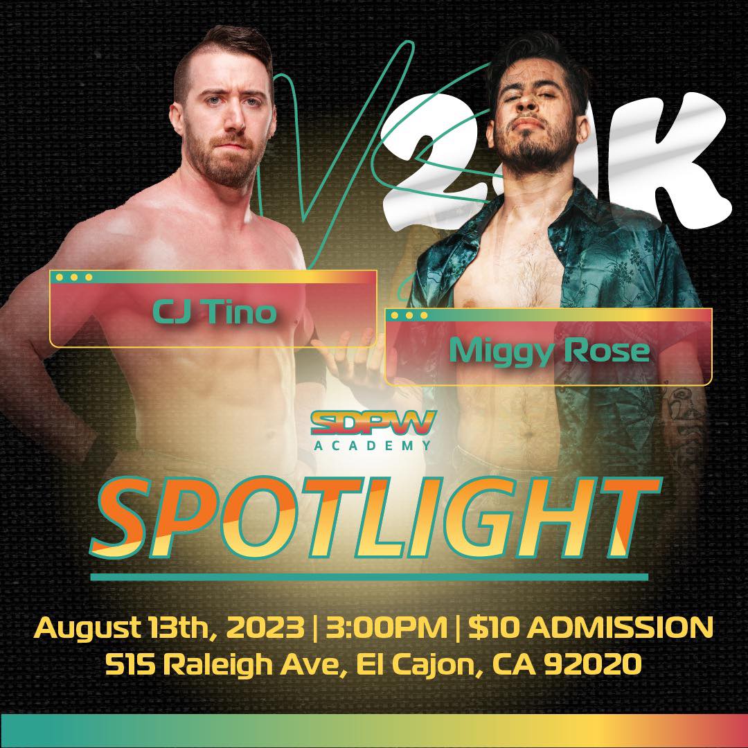 sdprowrestling's tweet photo. This Sunday on Spotlight, we see the first time 1-on-1 matchup of MIGGY ROSE  [vs]  CJ TINO

+ much more action in store!

🎟$10
3pm @ 515 Raleigh Ave, El Cajon 92020
All ages welcome
🎨 @howellns1 
#SDPWA #SDPro #Spotlight https://t.co/BgMNVntvLh