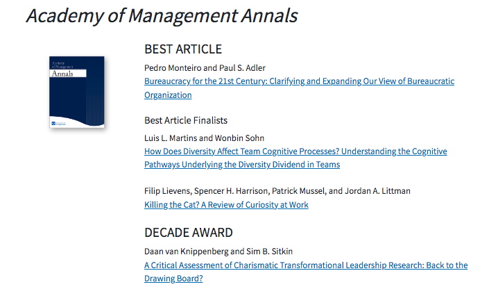 Thrilled by this honor. Congratulations to finalists &amp; the decade winner &amp; thanks to the editors. I learned a lot reading the literature &amp; working with my coauthor &amp; hope it stimulates research on antecedents, function &amp; implications of bureaucratic structures, practices &amp; values