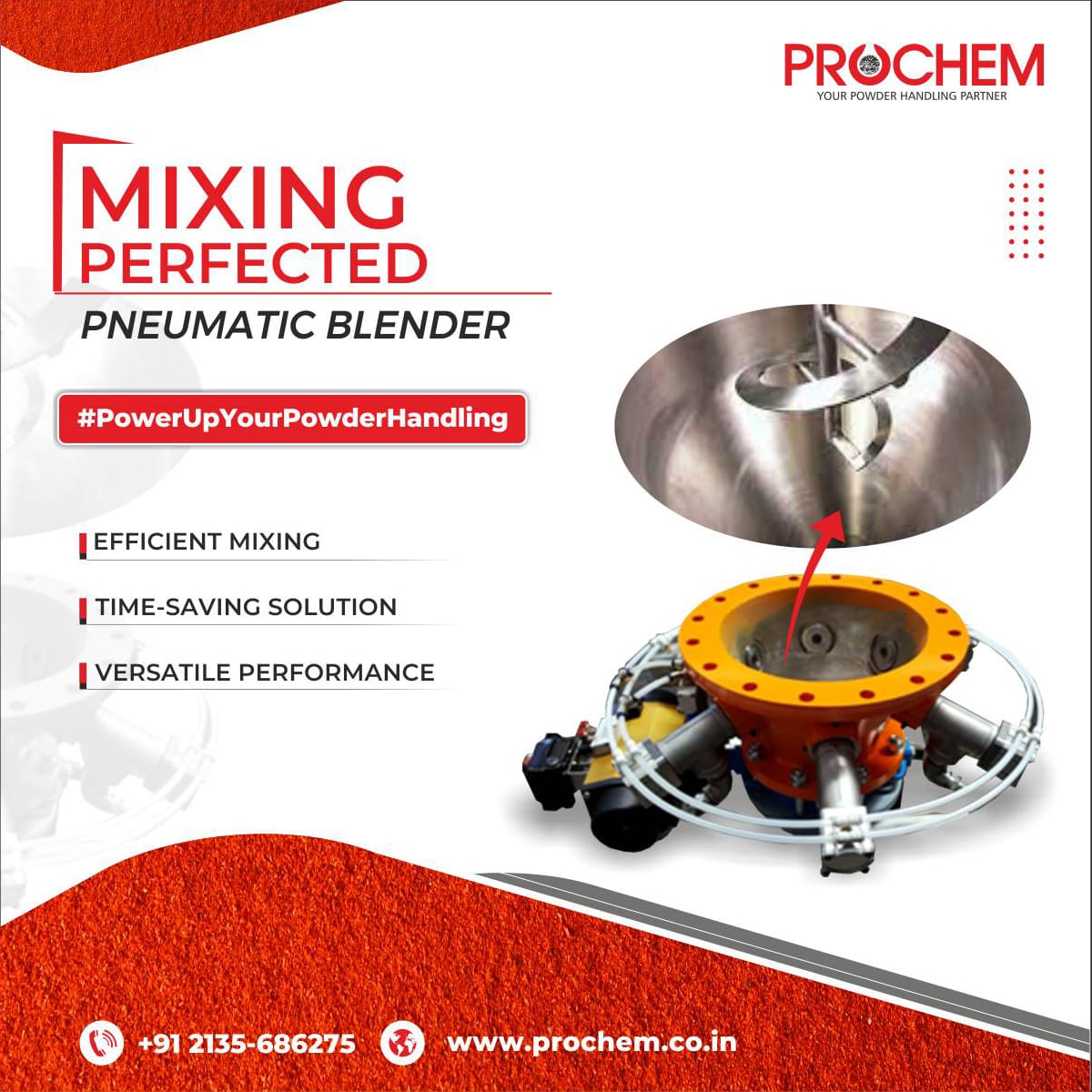 Experience efficient mixing with our pneumatic blender. Achieve thorough and consistent blending, saving valuable time and enhancing productivity. 

#Prochem #EfficientMixing #PneumaticBlender #Blending #Productivity #Efficiency #PowderHandling #Mixing #PowerUpYourPowderHandling